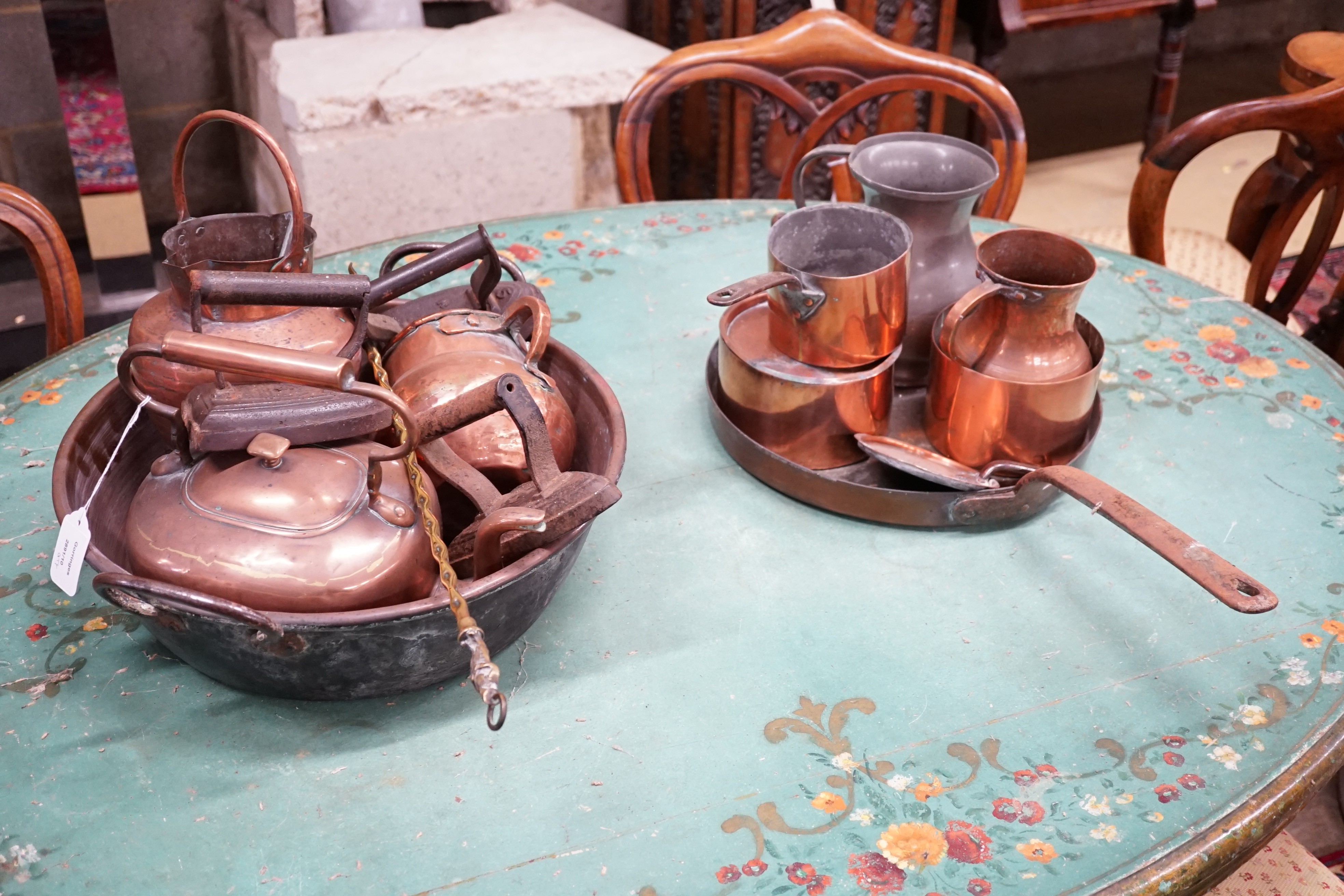 A group of assorted metal ware including a copper kettle